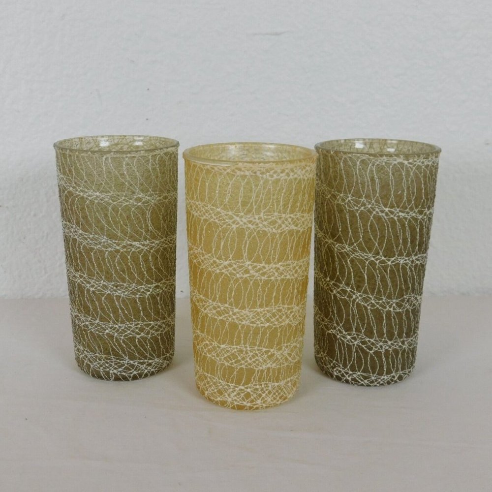 Spaghetti String Glasses Tumblers 3 Vintage Set Mid Century Rubber Drinking Cups